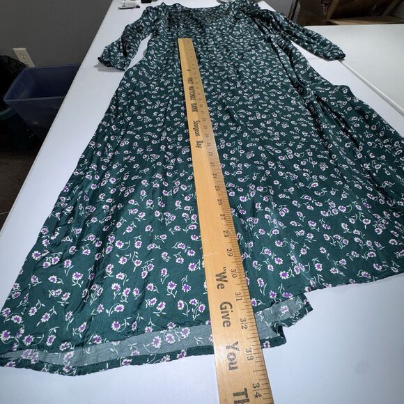 Gap Dress Womens Sz 20 Green Floral Long Sleeve Satin Puff Sleeve Midi V Neck - Picture 9 of 12